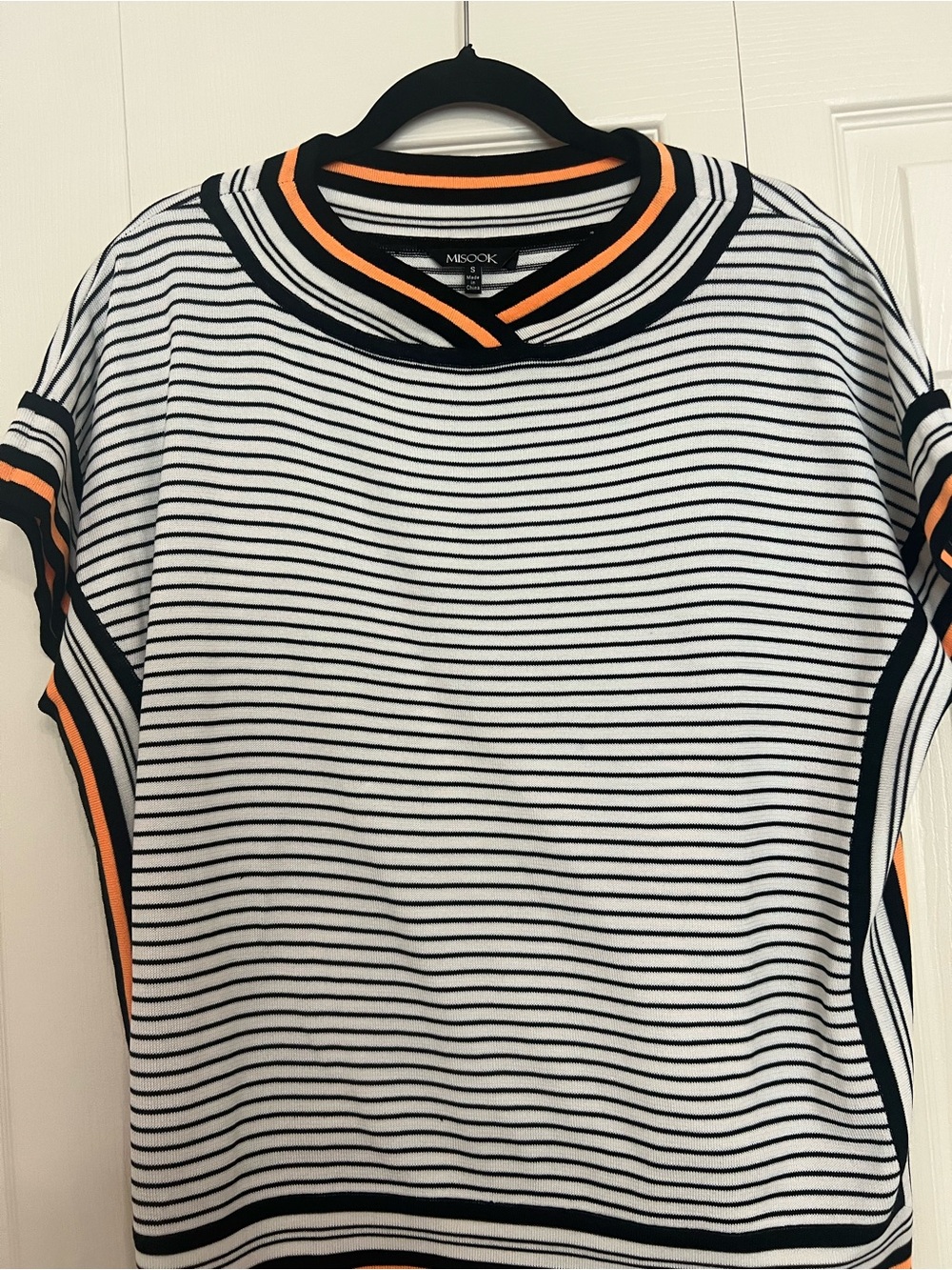 MISOOK White & Black Striped Short Sleeve Top with Orange Trim